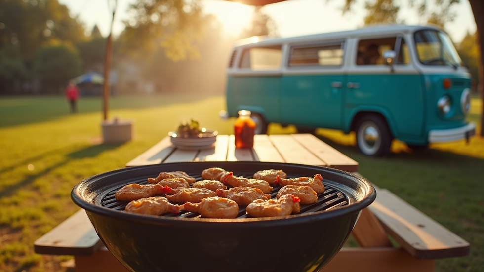Eye-level view of a vibrant tailgate setup with a grill and picnic table
