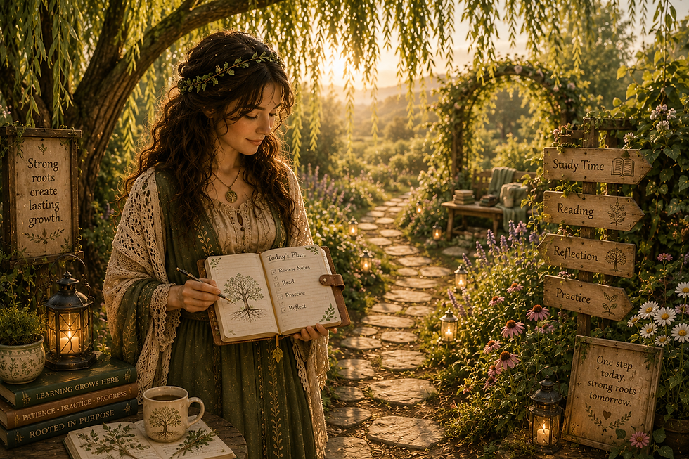 Elowen, Guardian of the Learning Garden, holding a planner beside a winding garden path that symbolizes a consistent study routine and academic growth.