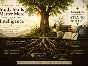Illustration of a tree with deep roots representing study skills including time management, organization, goal setting, note-taking, reflection, and persistence as the foundation of academic success.