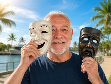 Michael Stevens holding up a comedy and drama mask in front of Florida landscape (AI Generated)