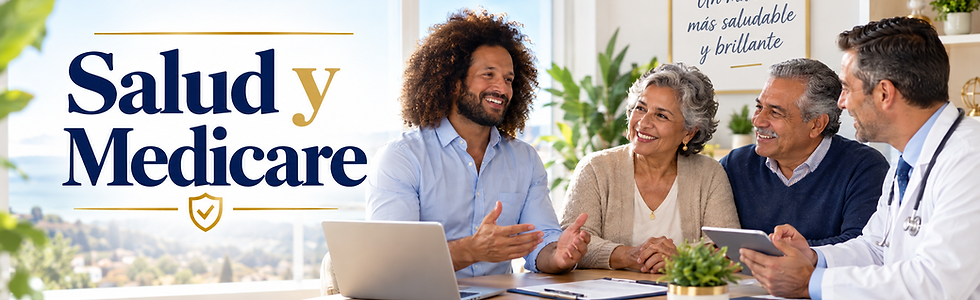 Banner image of CEO Fray Pacheco meeting with a doctor and two clients. Labeled: Health and Medicare.