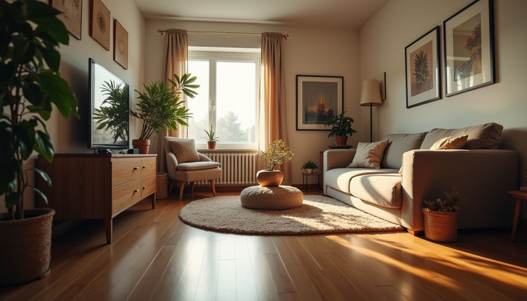 Eye-level view of a cozy living room with personal belongings and furniture