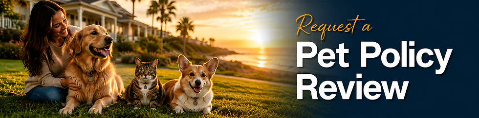 Request a pet policy review banner with sunset image of woman with a corgi, a cat and a golden retreiver.