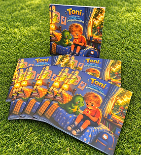 Livros Toni no gramado ensolarado.png