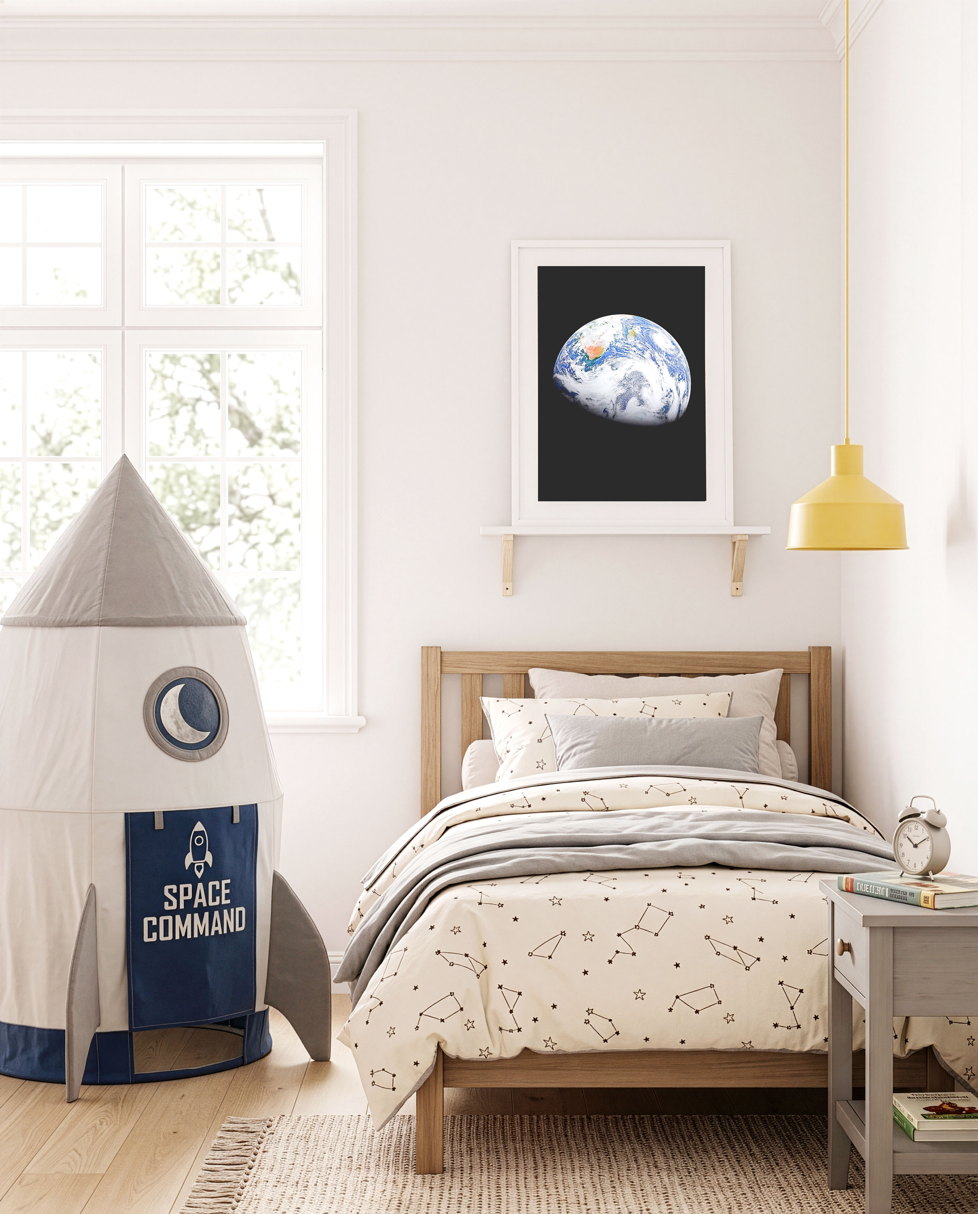 Vertical print of Earth in a clean minimalist space composition