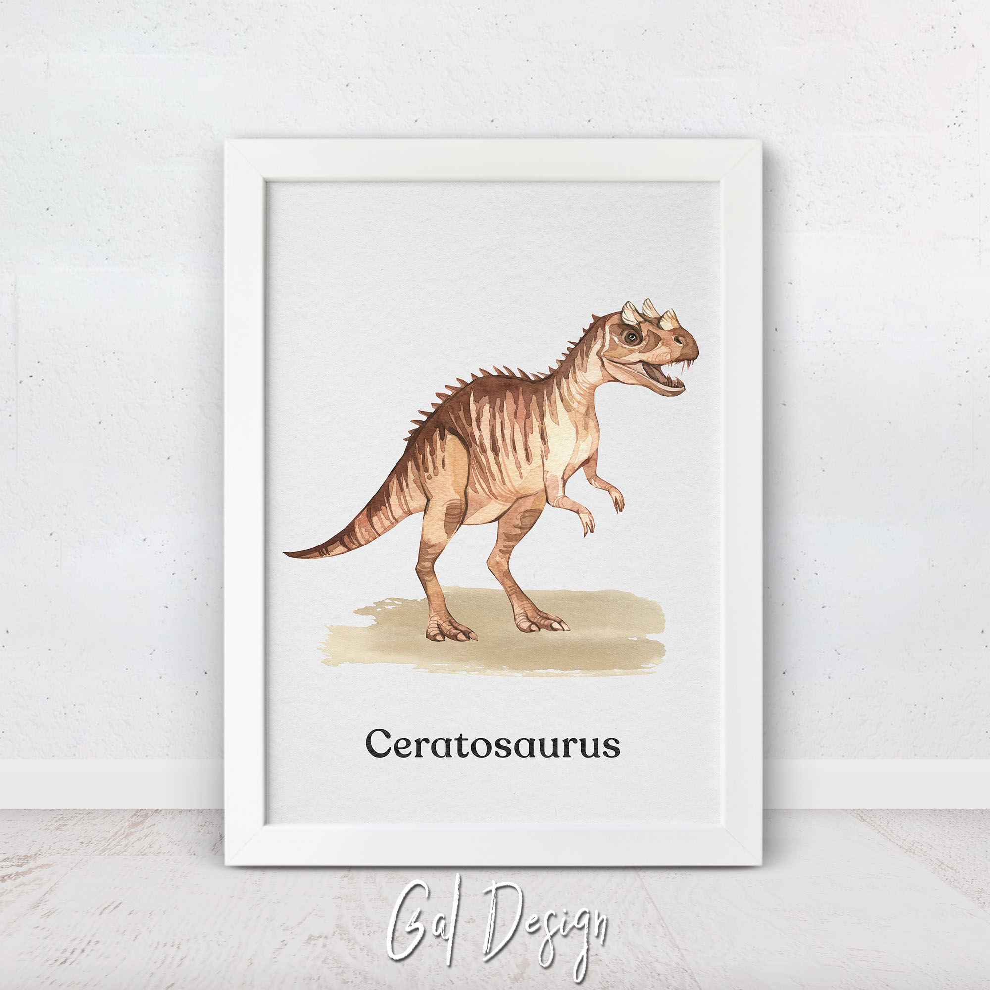 Ceratosaurus watercolor illustration art print for kids