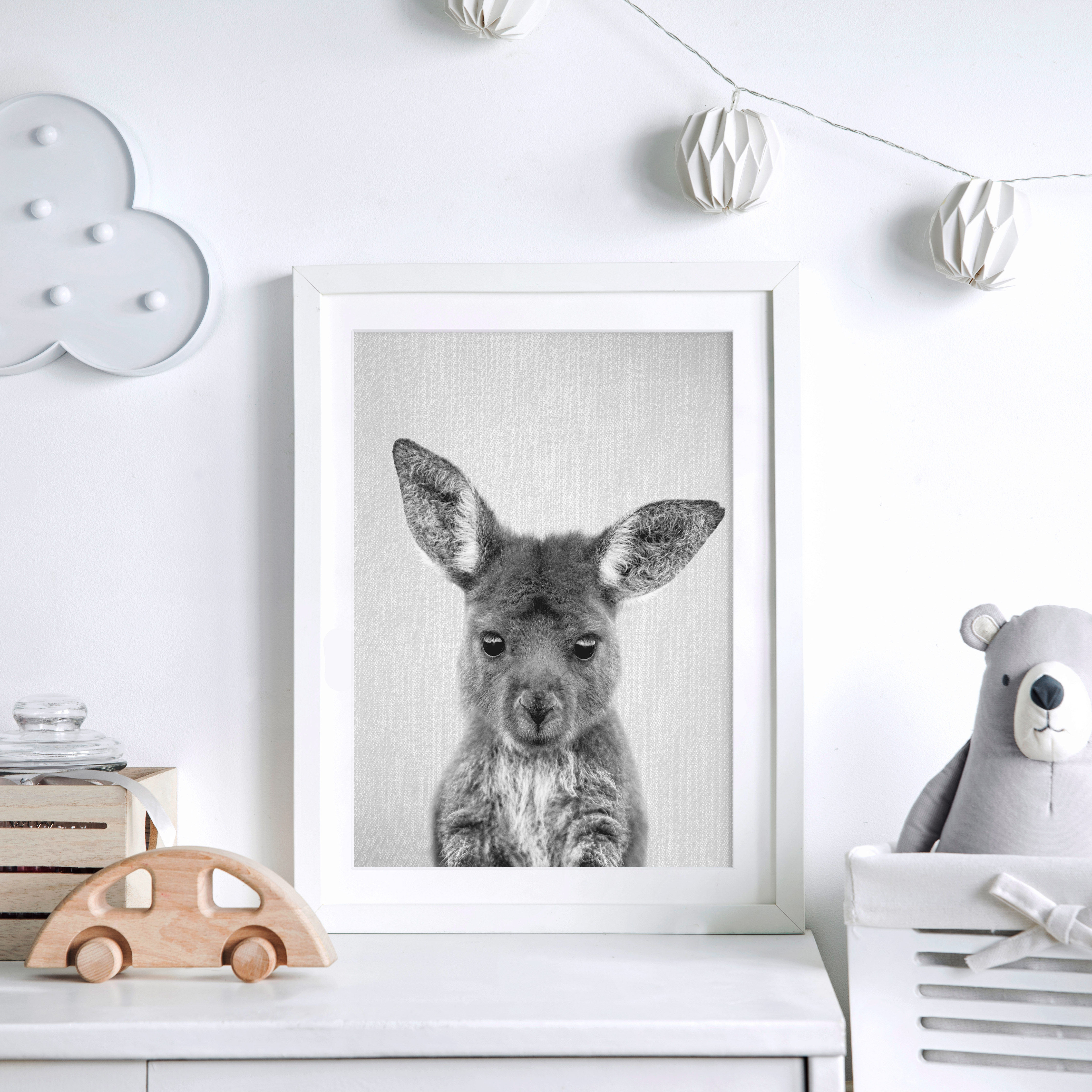 Black and white baby kangaroo wall art with minimalist background