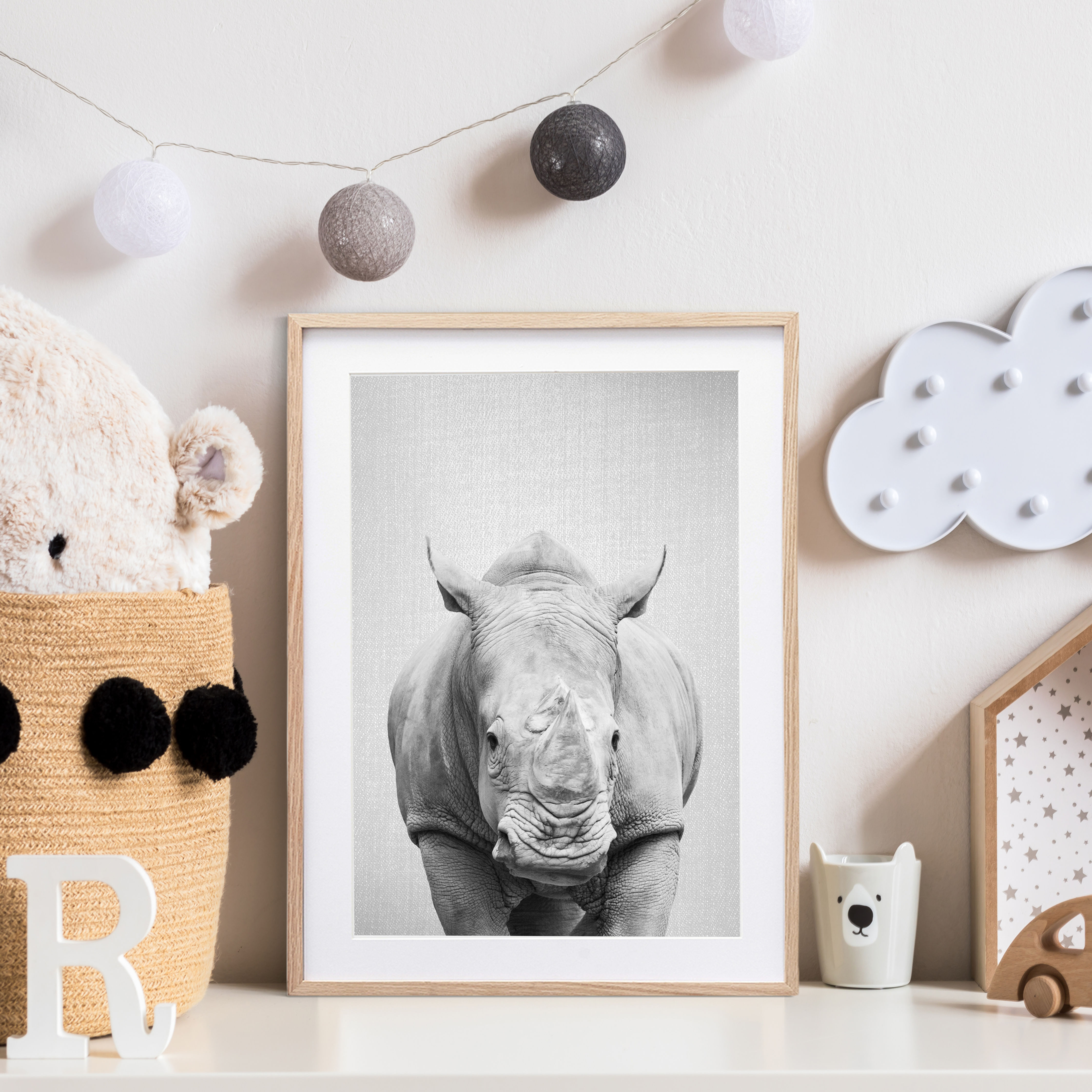 Safari nursery rhino black white print