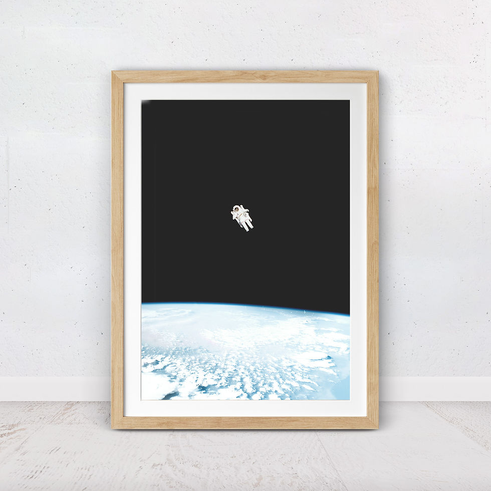 Floating astronaut above Earth against a deep black sky