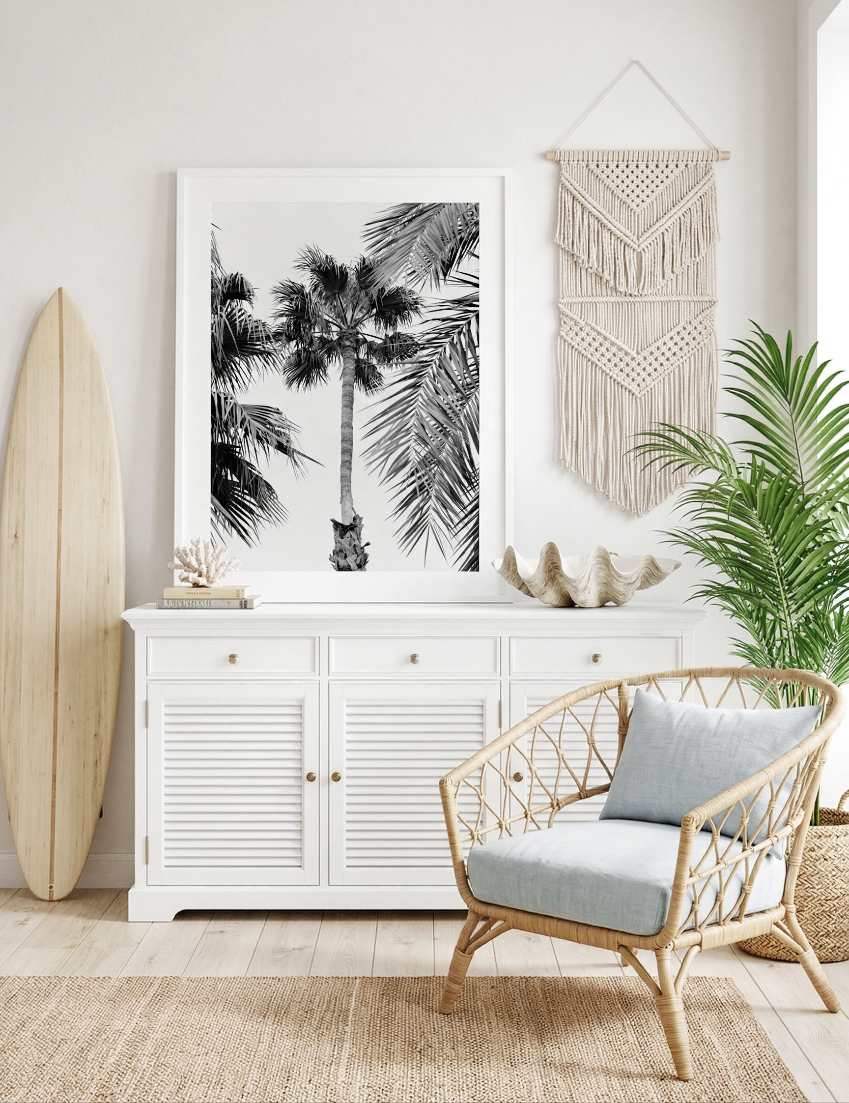 Monochrome palm tree print with detailed leaves and bright sky