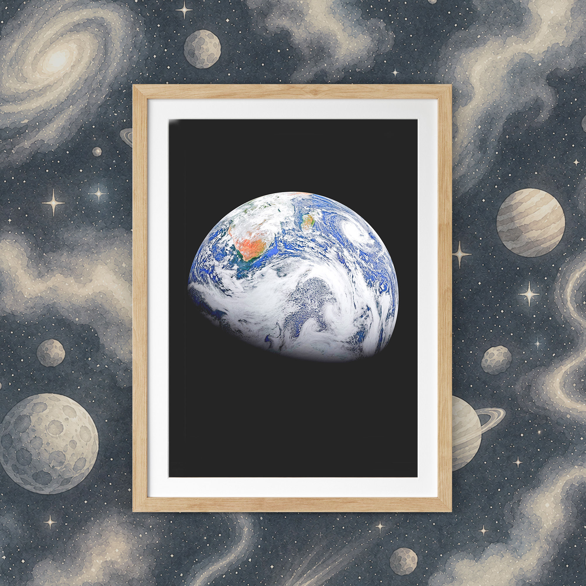 Earth artwork showing blue oceans and visible cloud systems