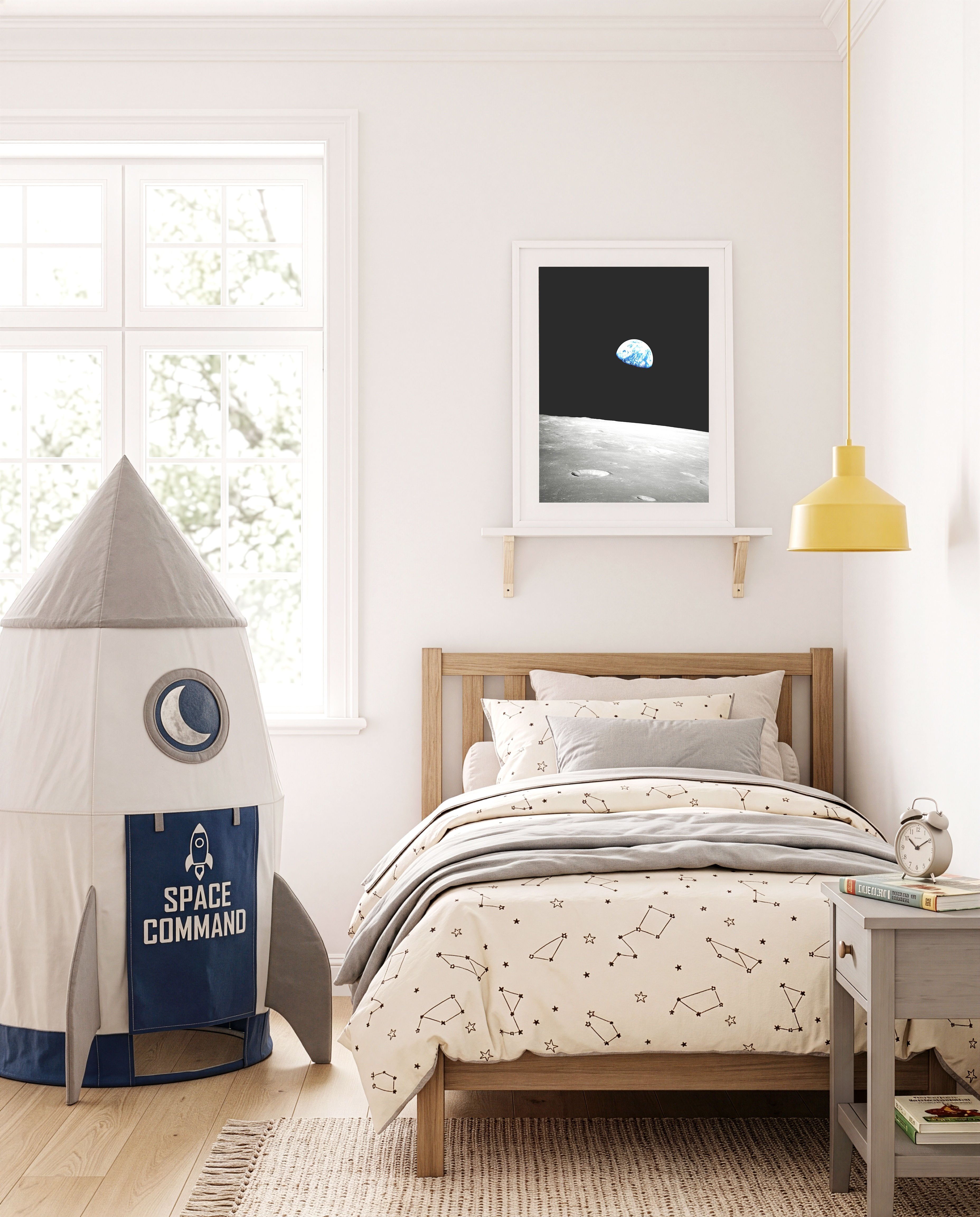 Space poster for a children’s bedroom featuring the Moon and Earth