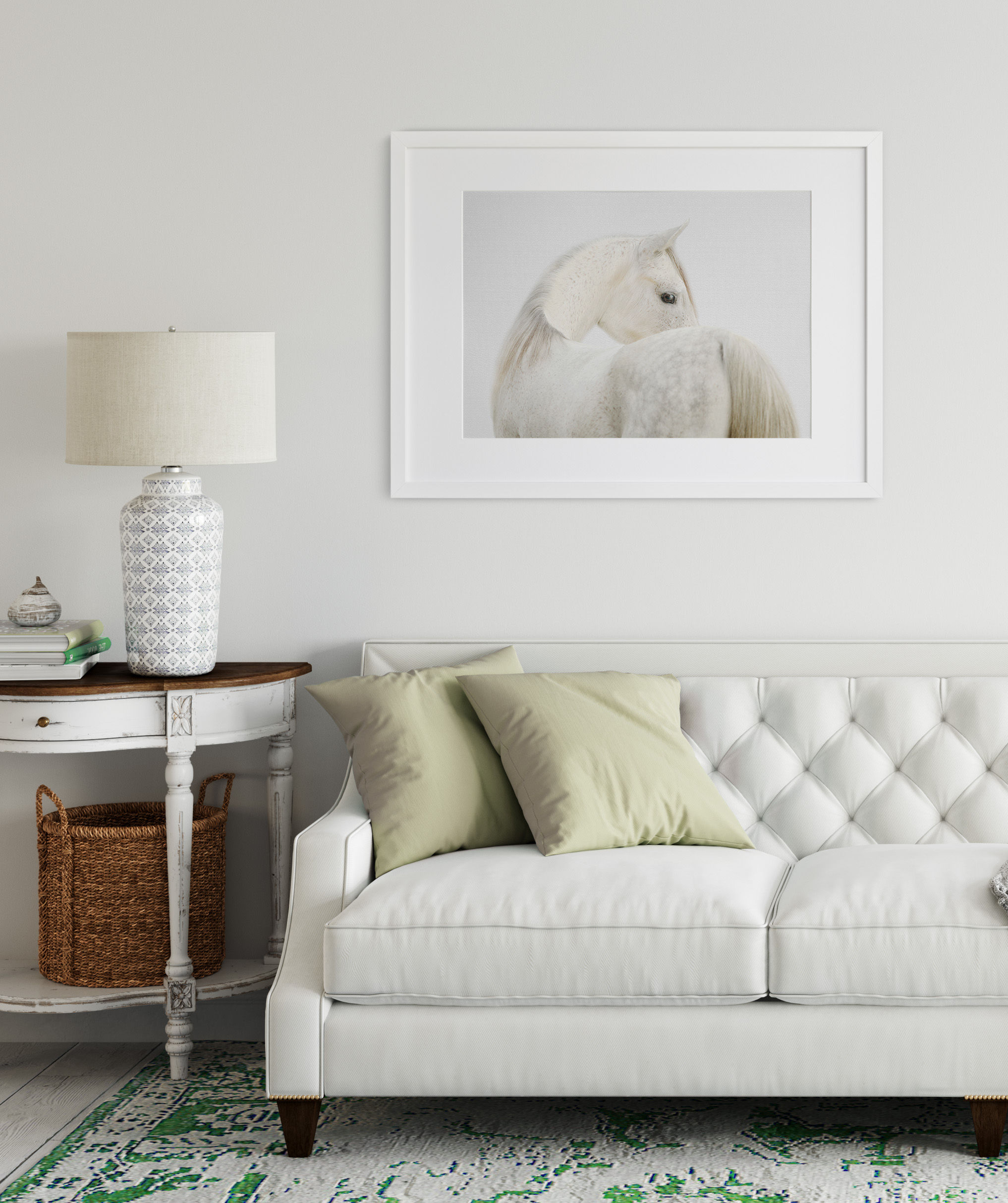 Calm and elegant horse wall art in soft white and beige tones