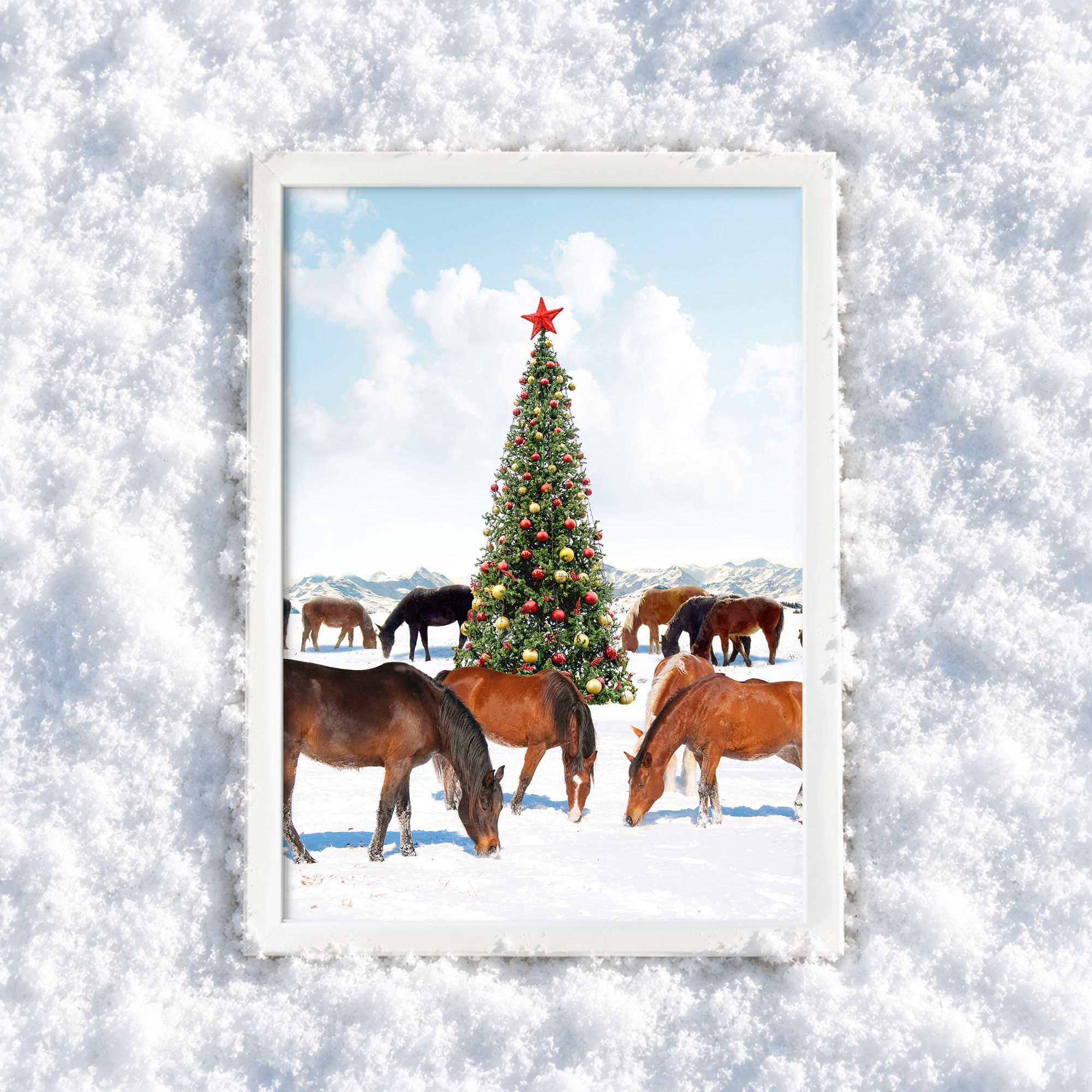 Festive winter wall art with horses and a Christmas tree in a snowy field