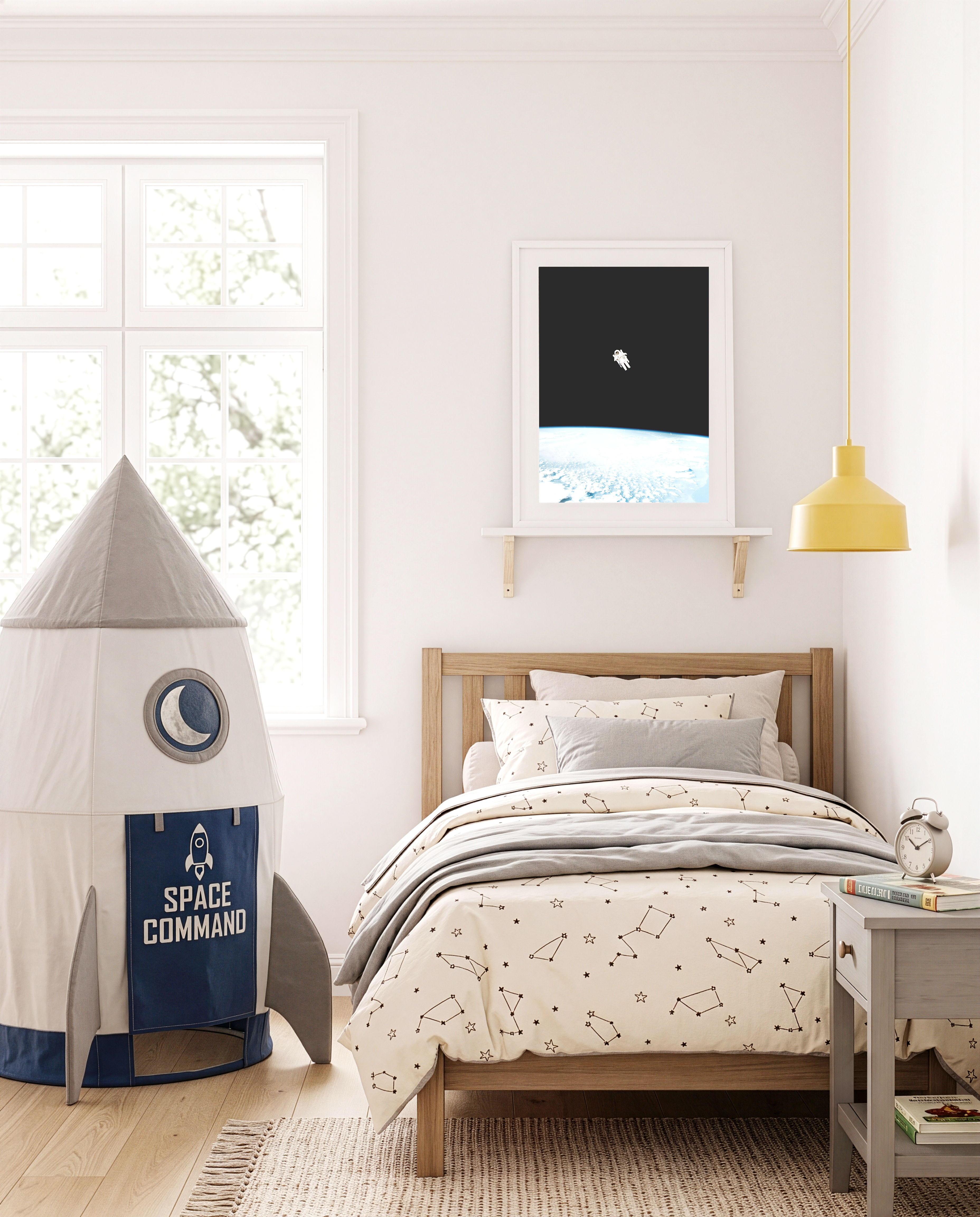 Astronaut artwork with a calm cosmic scene and open black space