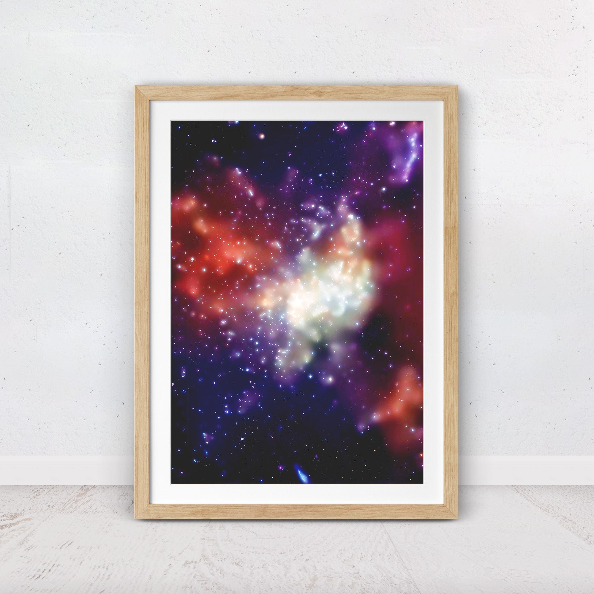 Colorful nebula print with glowing stars in purple and blue tones