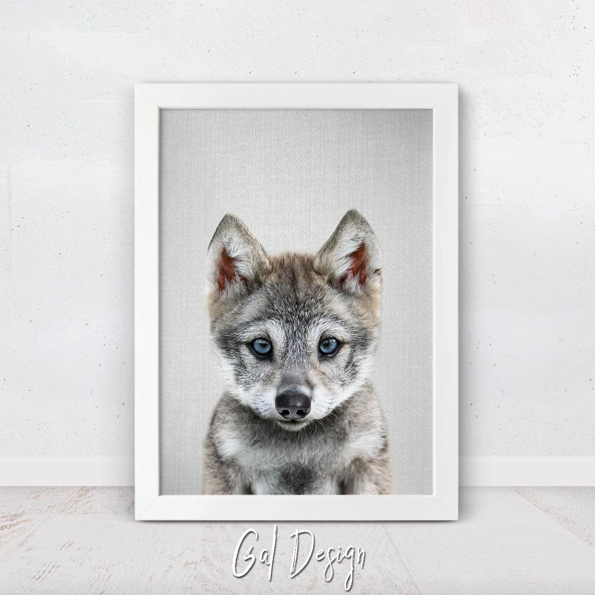 Adorable baby wolf art print featuring a cute wolf cub gazing playfully, perfect for nursery decor and wildlife lovers.