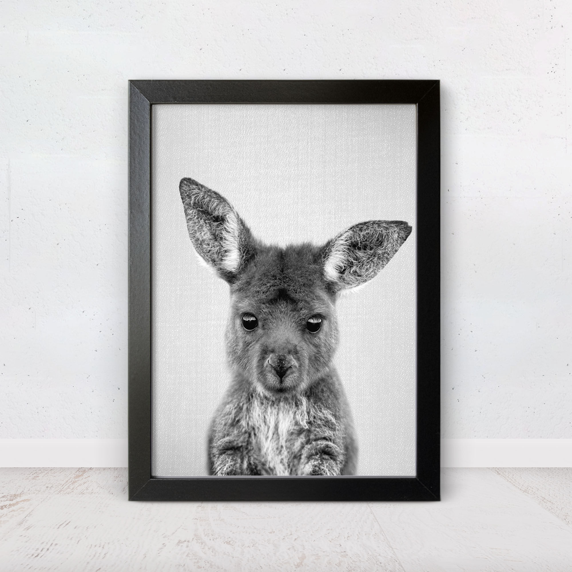 Monochrome baby kangaroo portrait for nursery wall decor