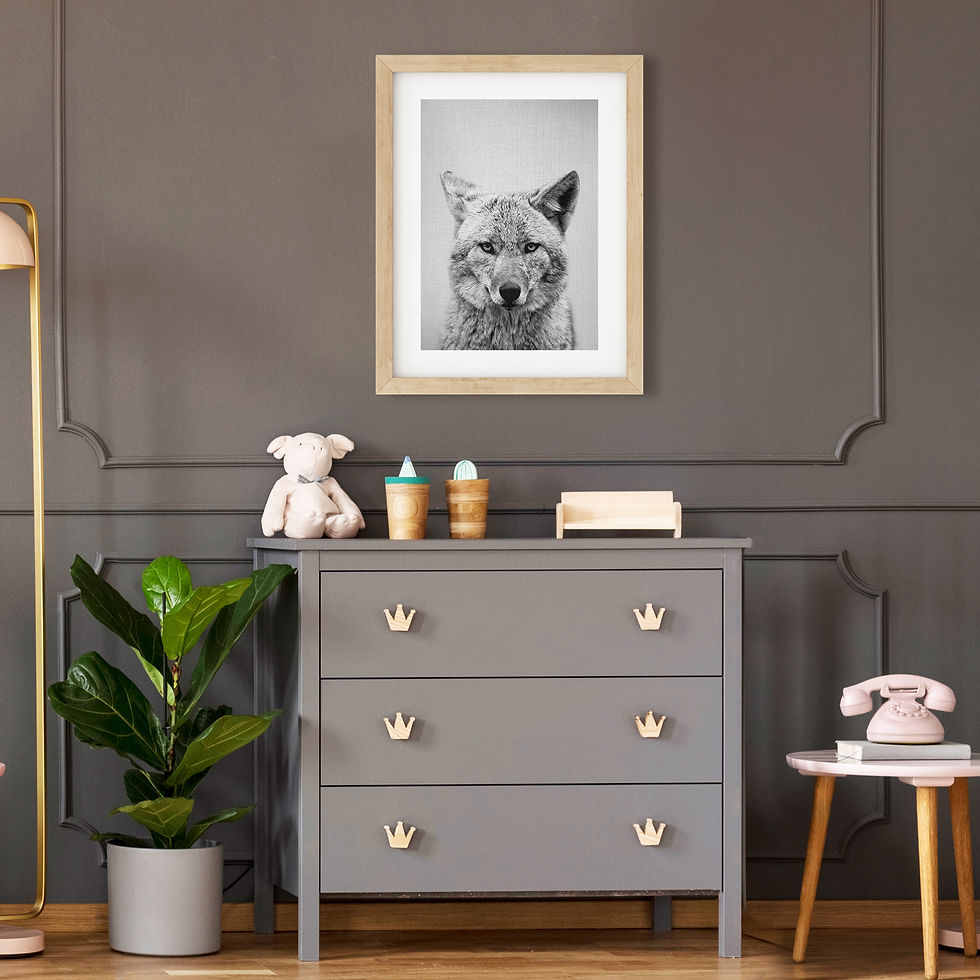 Rustic black and white poster of a coyote wolf, fitting for a modern, nature-inspired home.