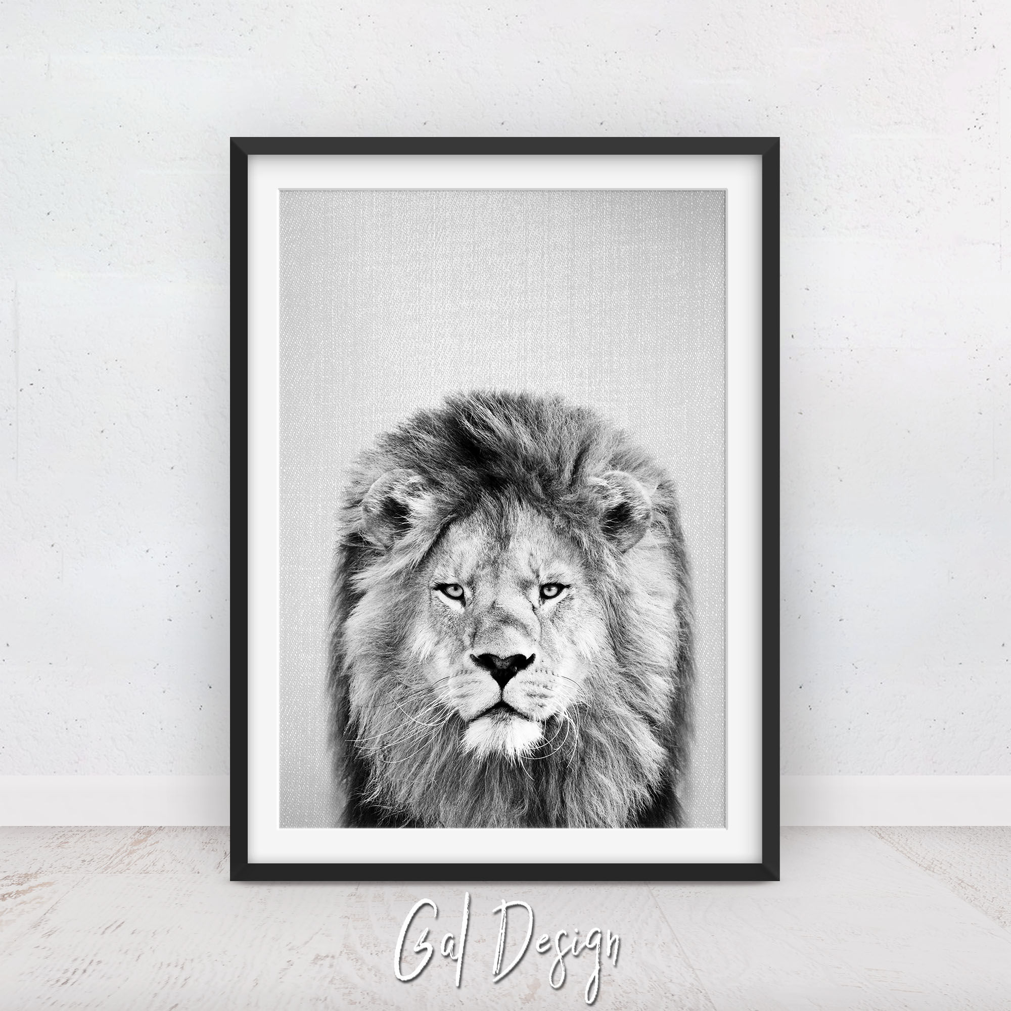 Powerful black and white lion art print poster for modern African wildlife decor.