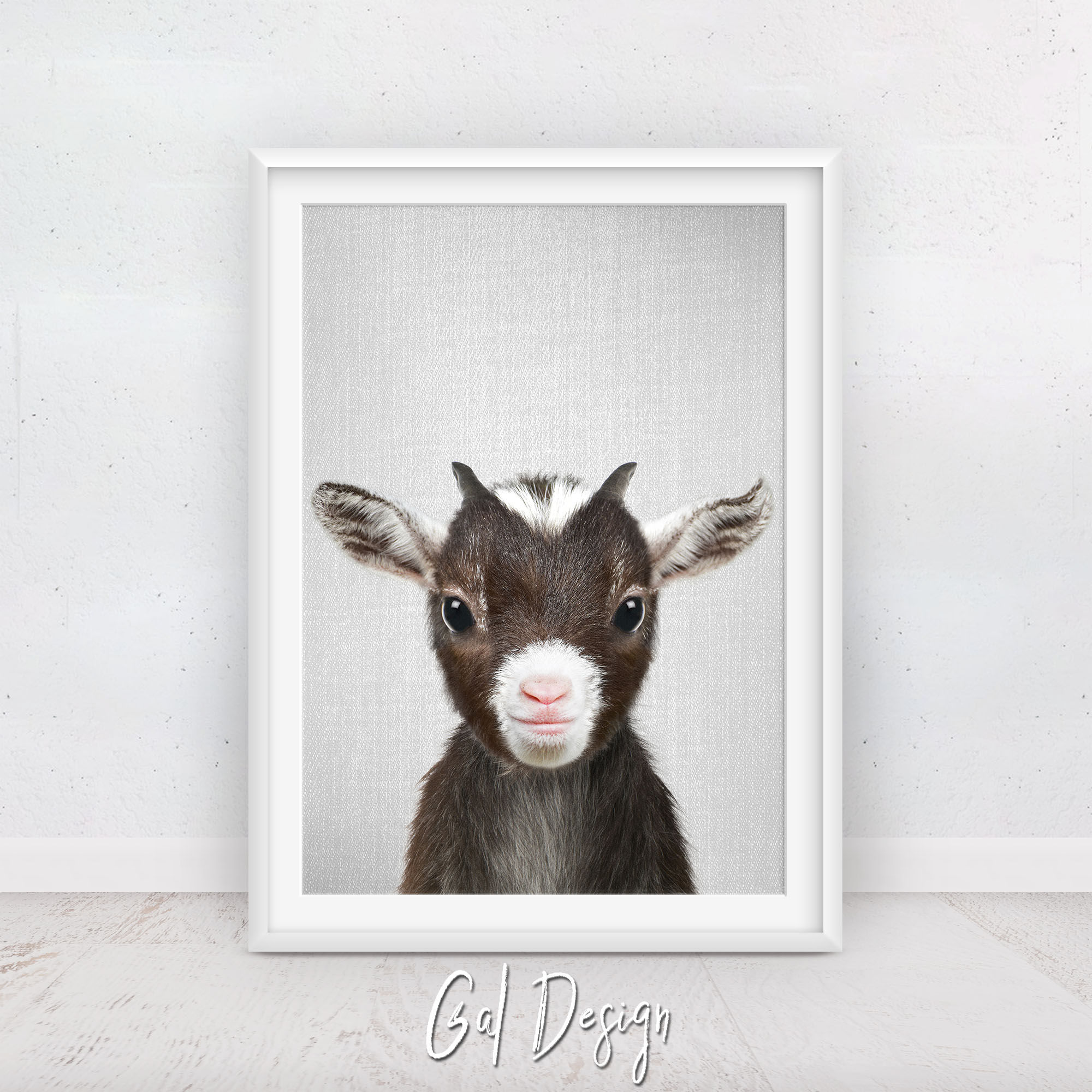 Adorable baby goat art print, perfect for farmhouse nursery or kids' room decor.