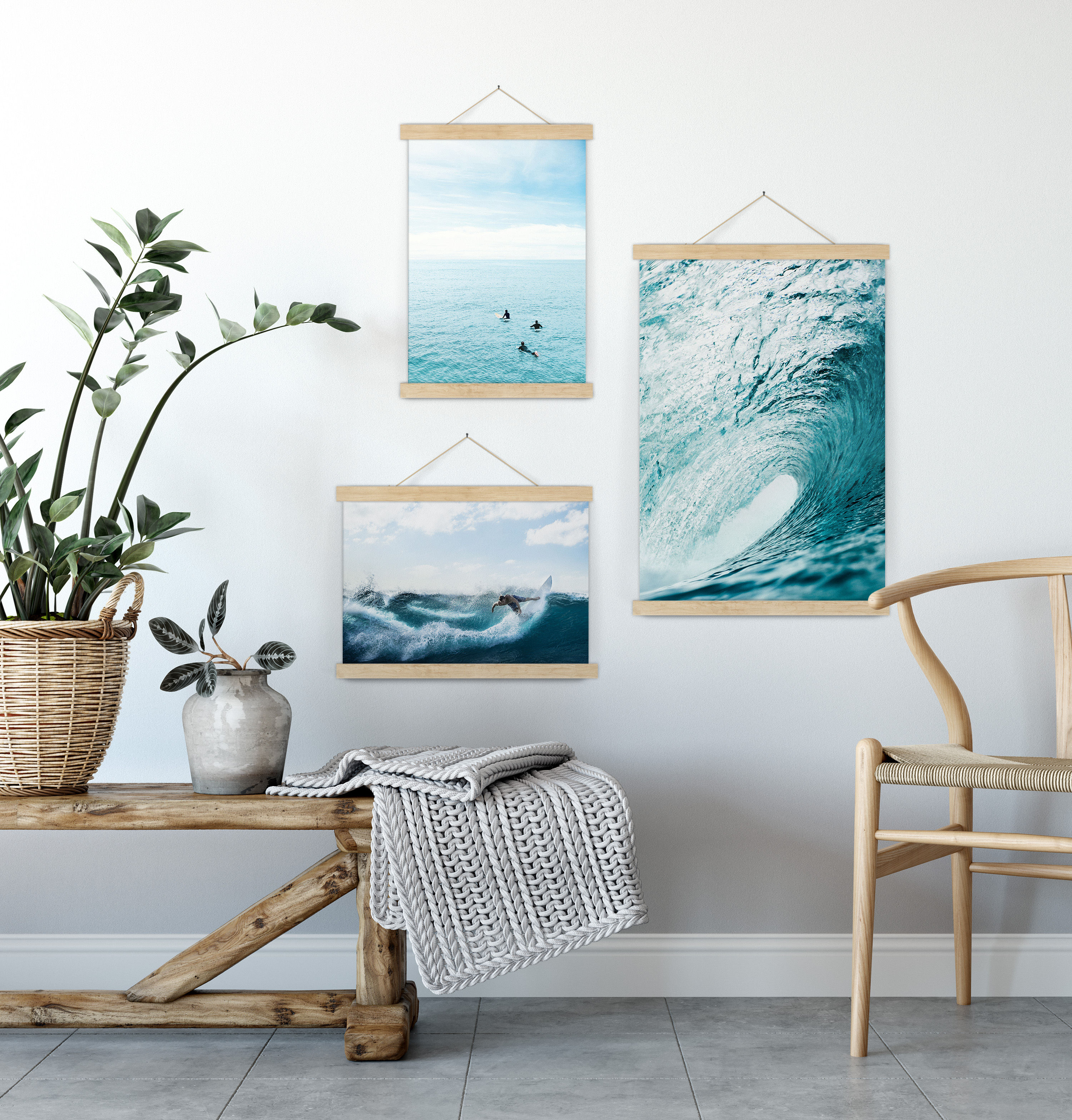 Ocean Spirit Set of 3 prints showcasing serene ocean scenes, perfect for adding coastal vibes to any space.