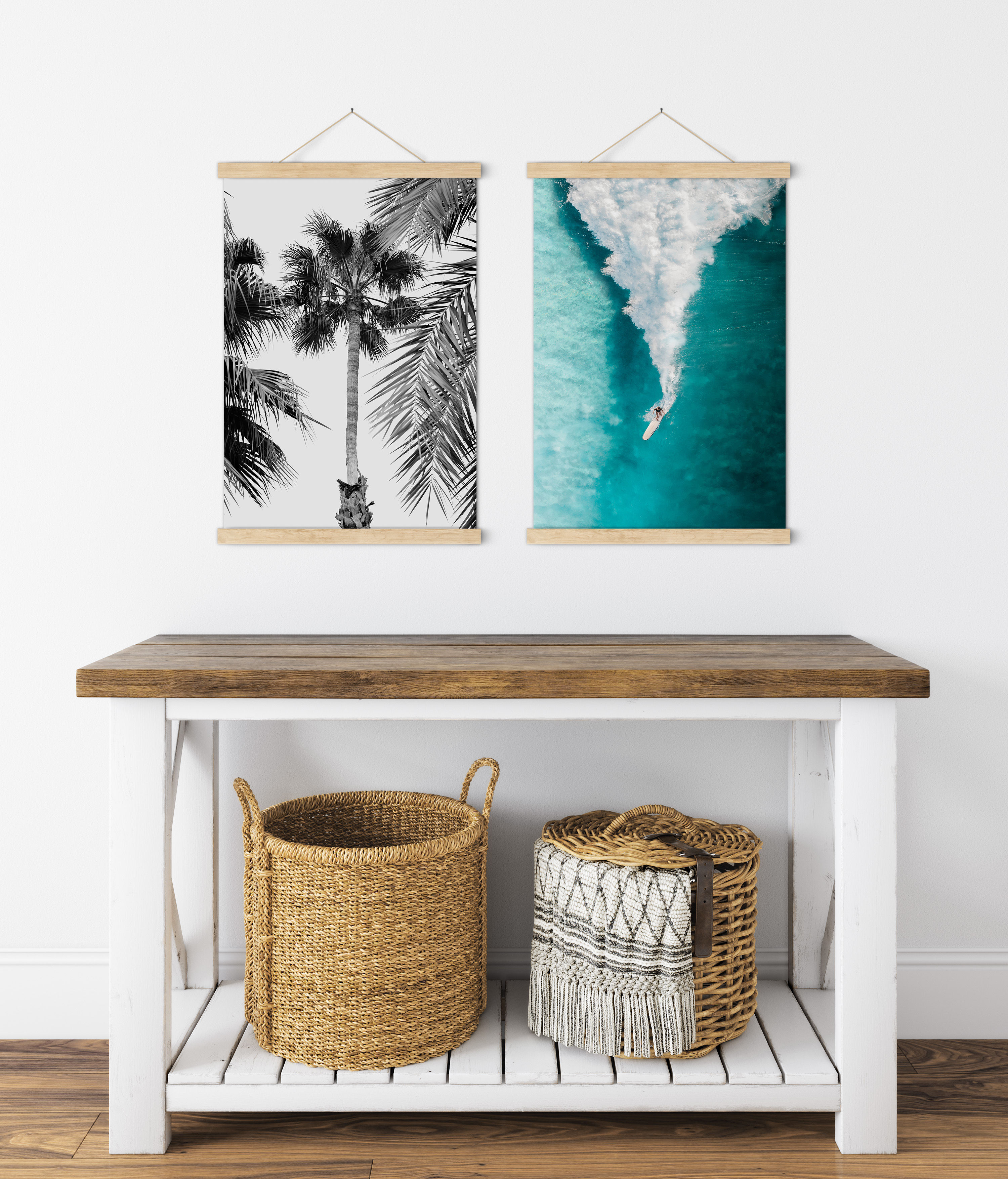 Minimalist black and white tropical wall art with palm tree