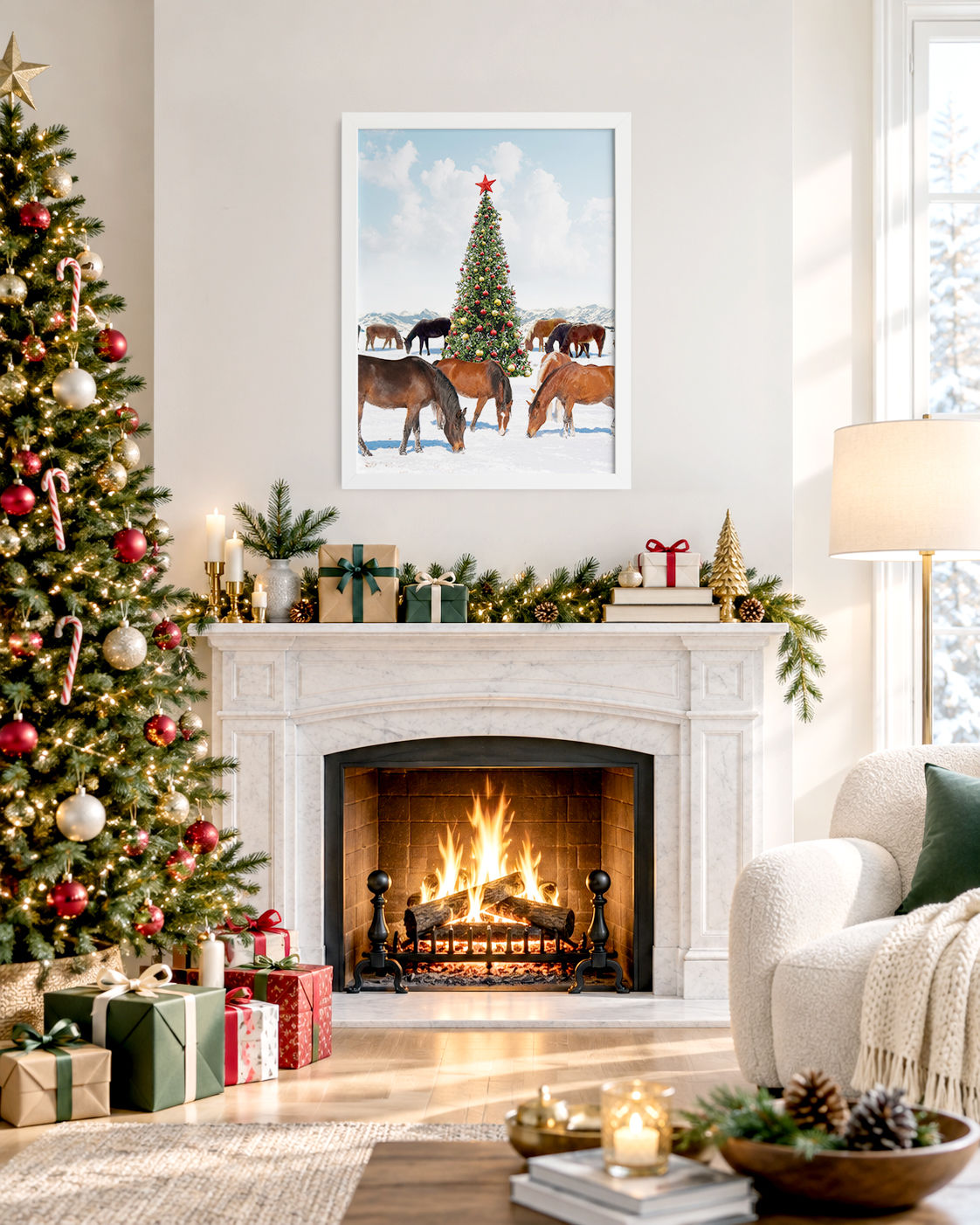Christmas mountain scene with horses, snow and a tree topped with a red star
