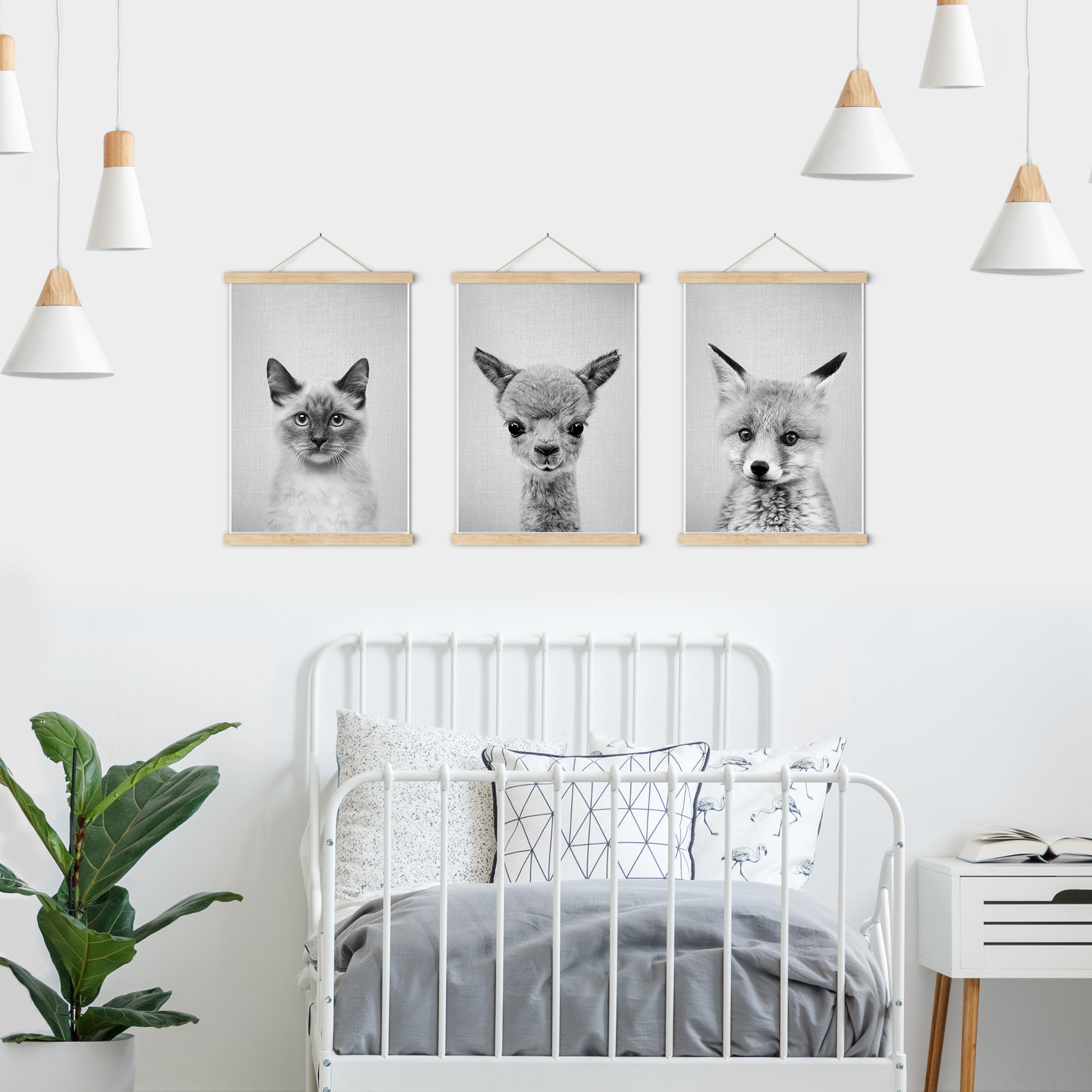 black and white alpaca wall art print close up