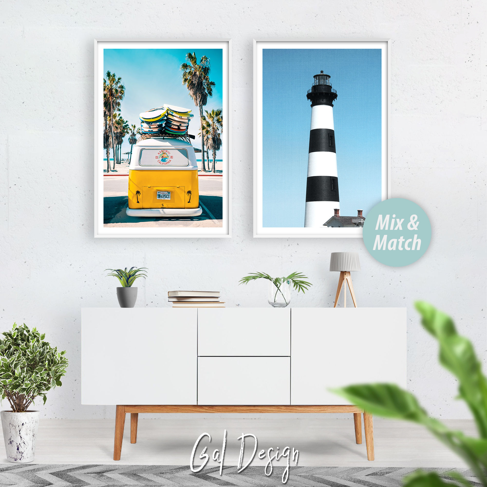 Colorful surfboards stacked on retro van