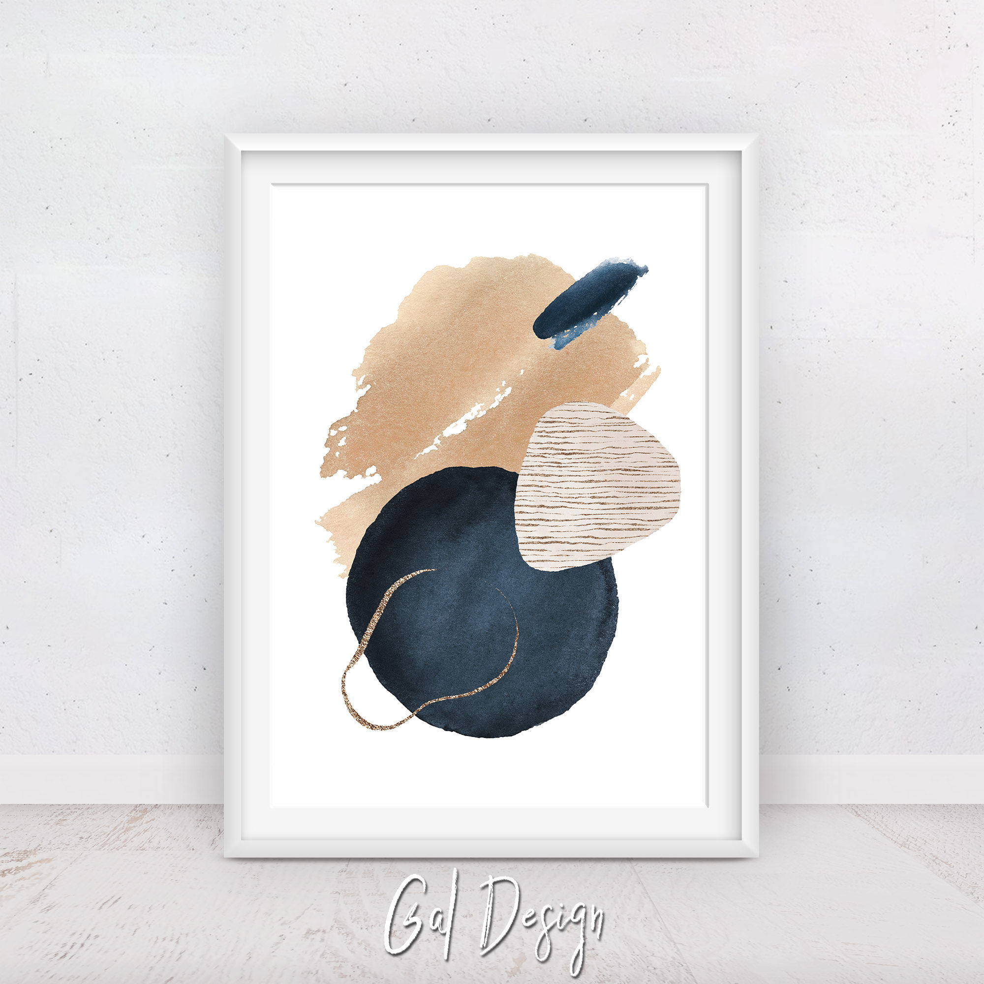Abstract watercolor art with navy, beige, and gold shapes