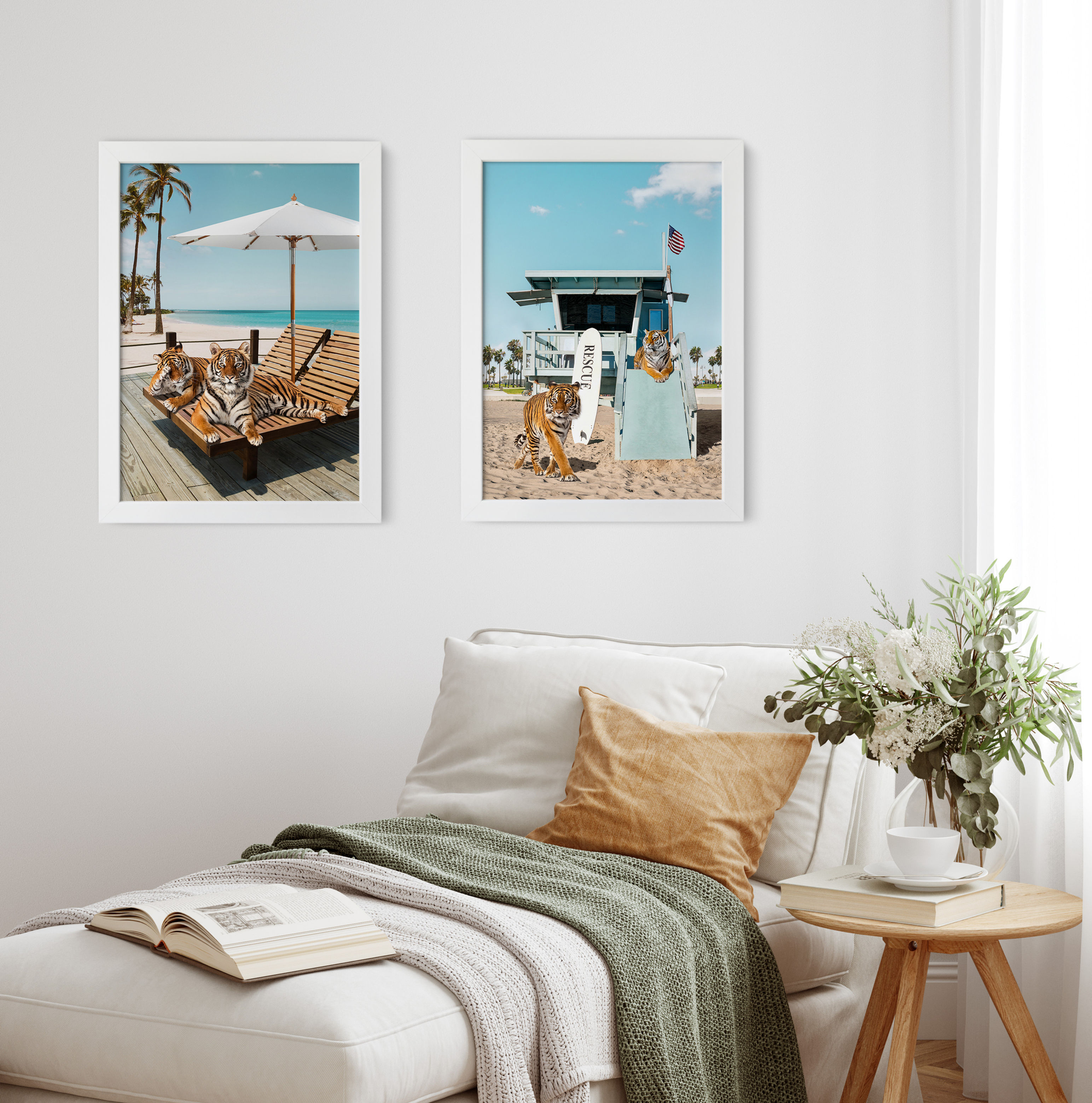 Modern beach wall art with lounging tigers