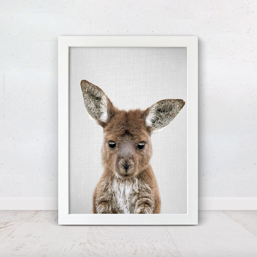 Baby kangaroo wall art print with soft brown tones and minimalist background
