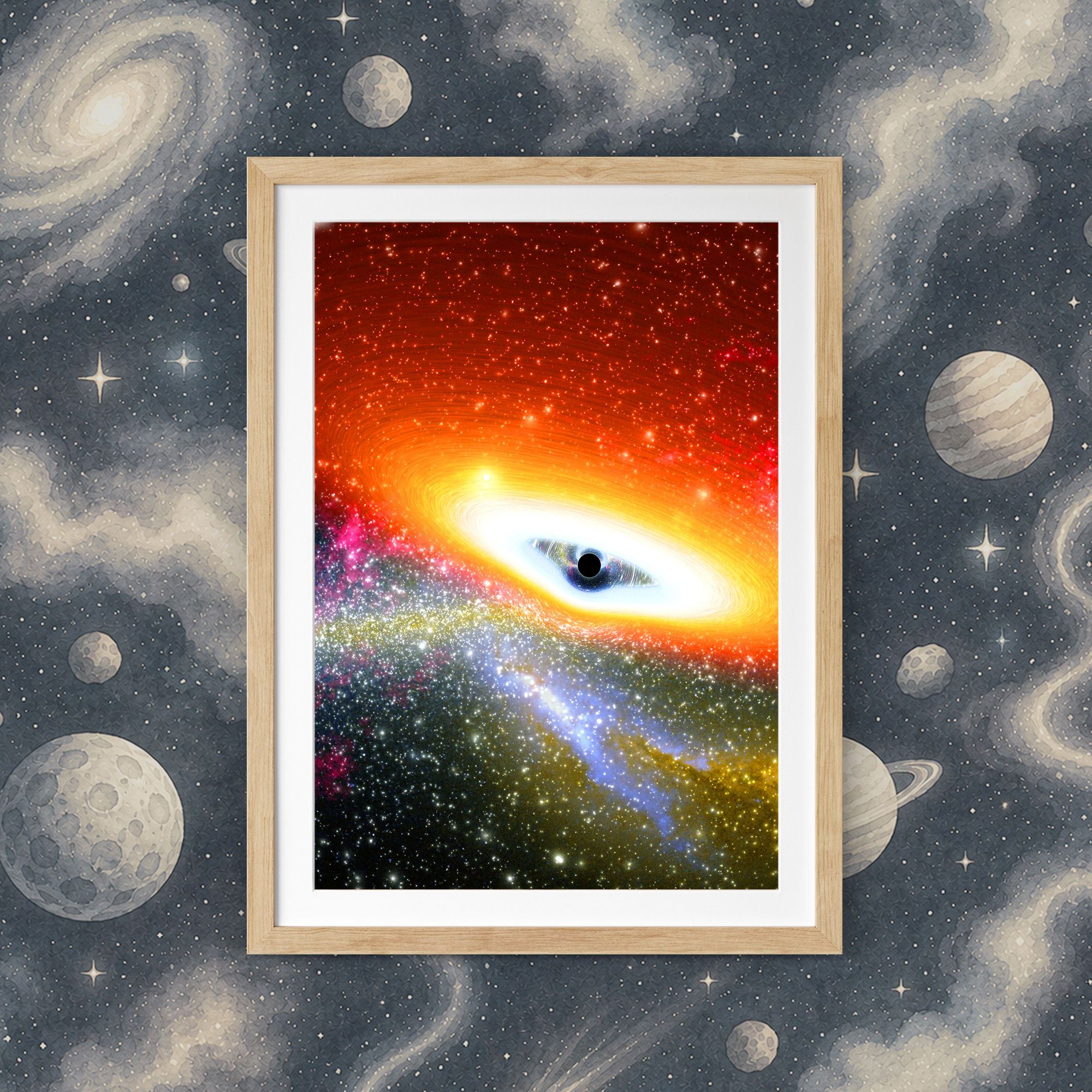 Black hole artwork with a bright accretion disk in deep space