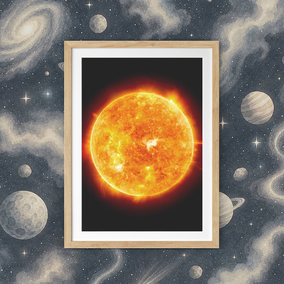 Vertical print of the Sun in a dramatic cosmic composition