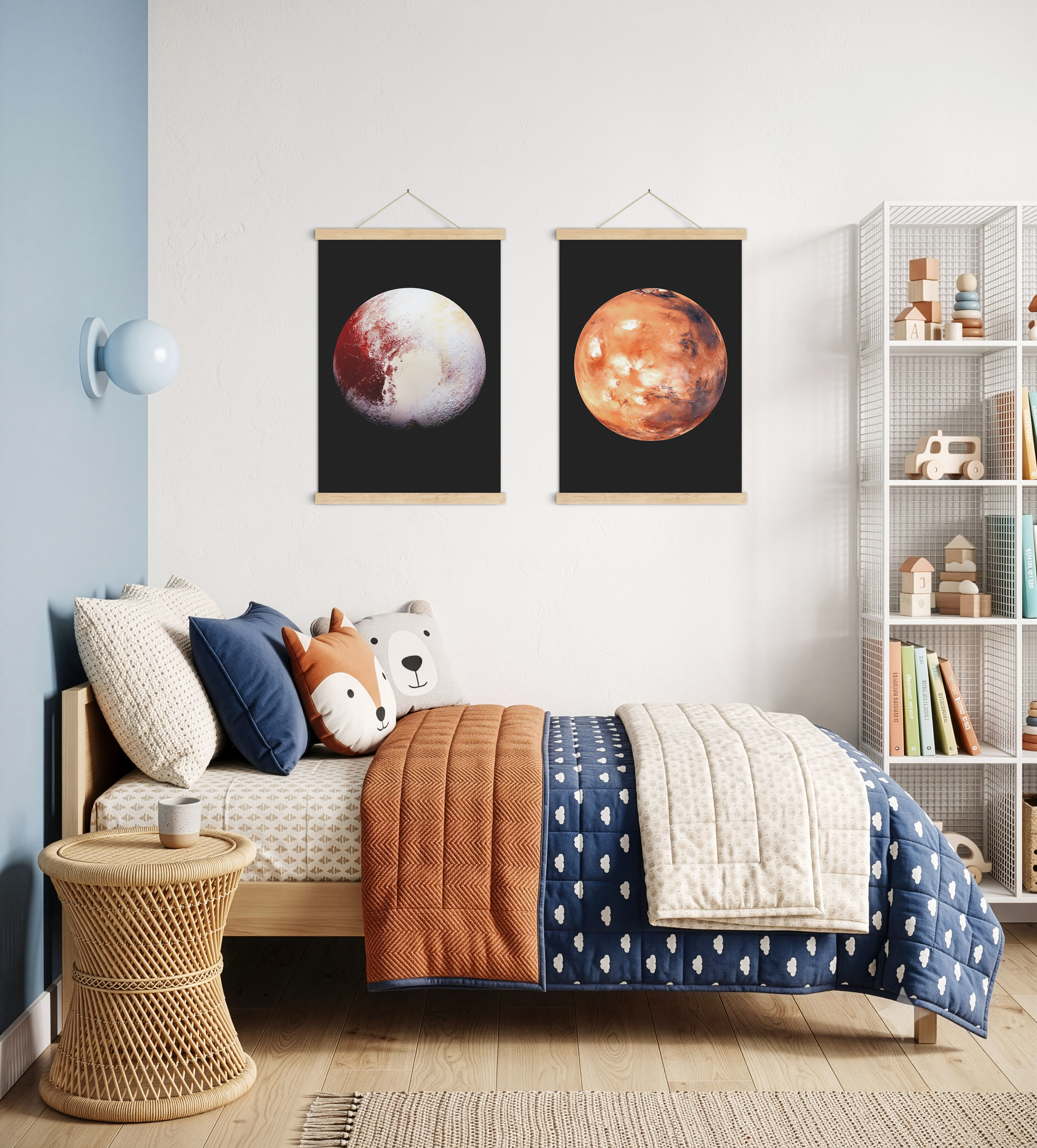 Pluto wall art with white, cream, and burgundy planetary detail