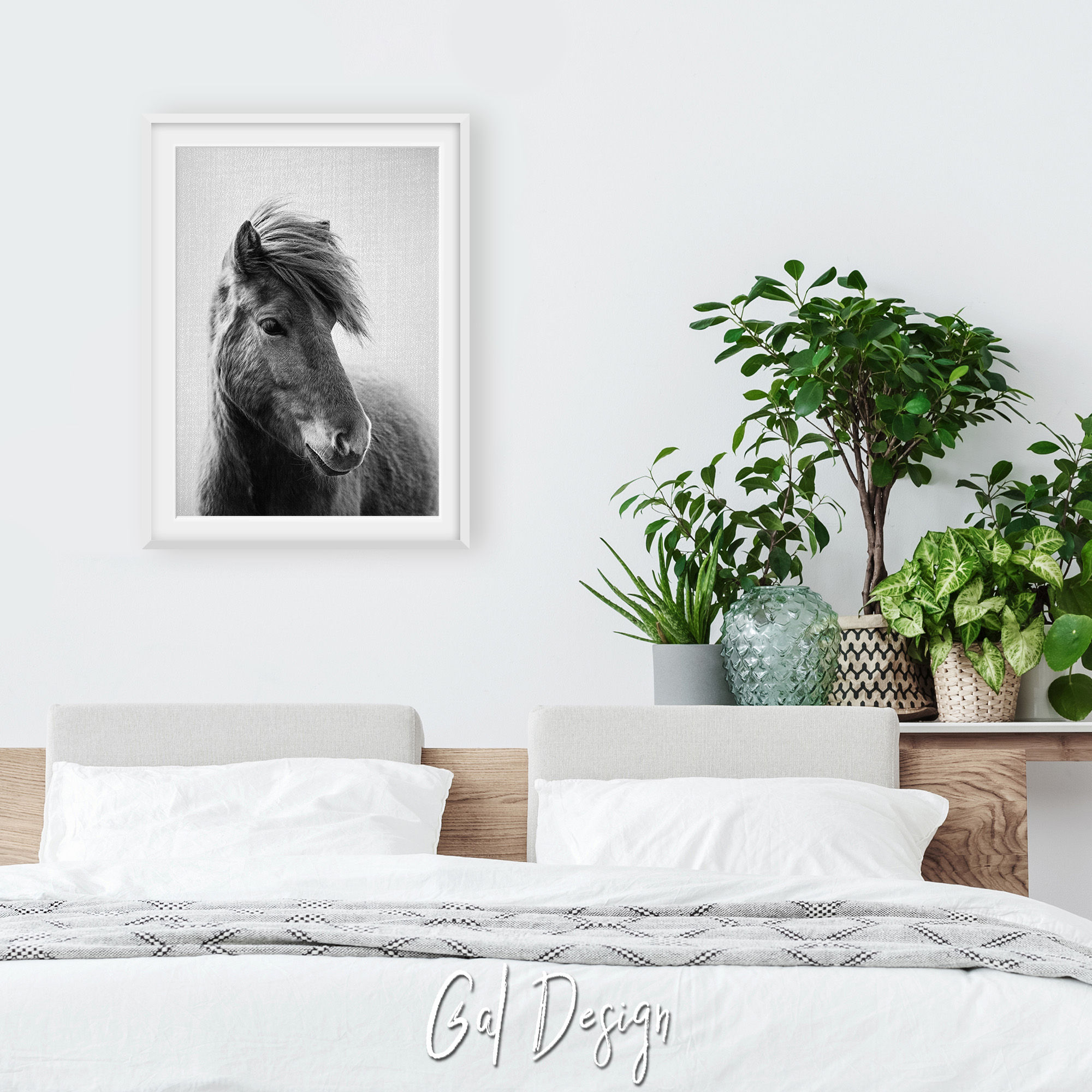 Close-up horse print with calm downward gaze