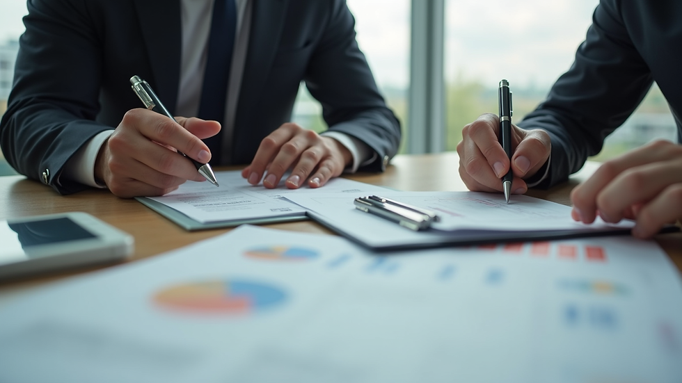 Close-up view of a financial advisor reviewing documents with a client