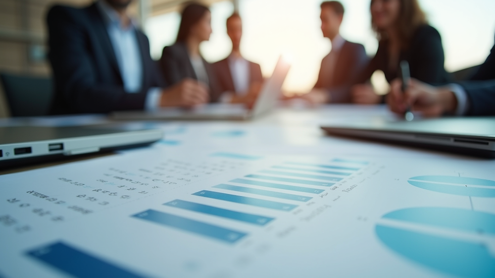 Close-up view of a business meeting with charts and graphs on a table