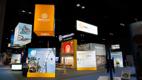 Exhibition stand engineered for visibility from multiple aisles at IAAPA Expo.
