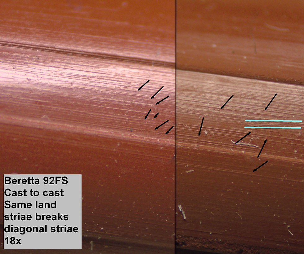 The arrows and blue line indicate some of the random variability of metal cutting illustrated by the termination of striae. There is also a lack of corresponding striae when looking at one end of the barrel compared to the other, further demonstrating a lack of precise control over the metal cutting process.