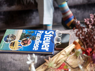 Auf einem Couchtisch liegt ein Reiseführer mit dem Titel "Steuer Paradiese"