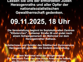 Sonntag, 9. November 2025: Erinnerungs- und Gedenkveranstaltung anlässlich des 9. Novembers 1938 (Pogromnacht)