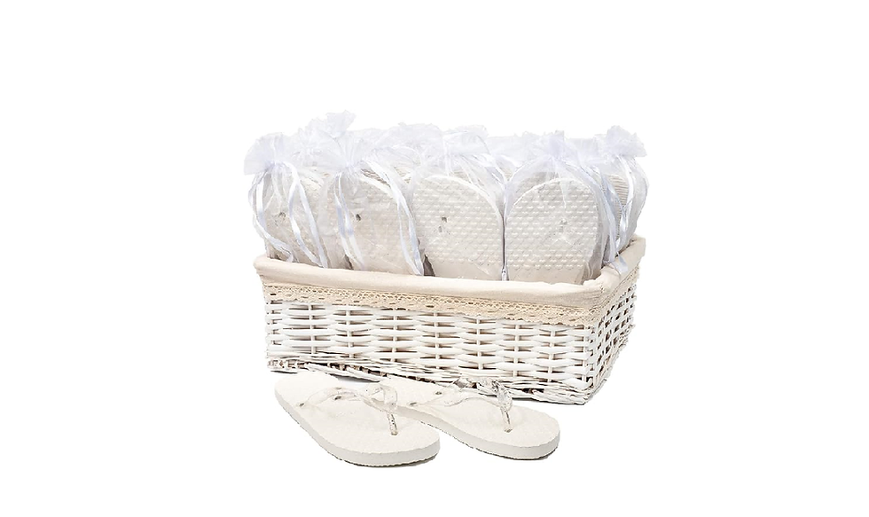 A wicker basket filled with a twenty-pack of cream flip flops, ideal for wedding guests and parties. The stylish and comfortable flip flops feature cushioned soles adorned with heart designs. The bundle includes three pairs in small (UK size 3-4), twelve pairs in medium (UK size 5-6), and five pairs in large (UK size 7-8), all beautifully packaged in decorative organza bags with ribbon ties for an elegant presentation.