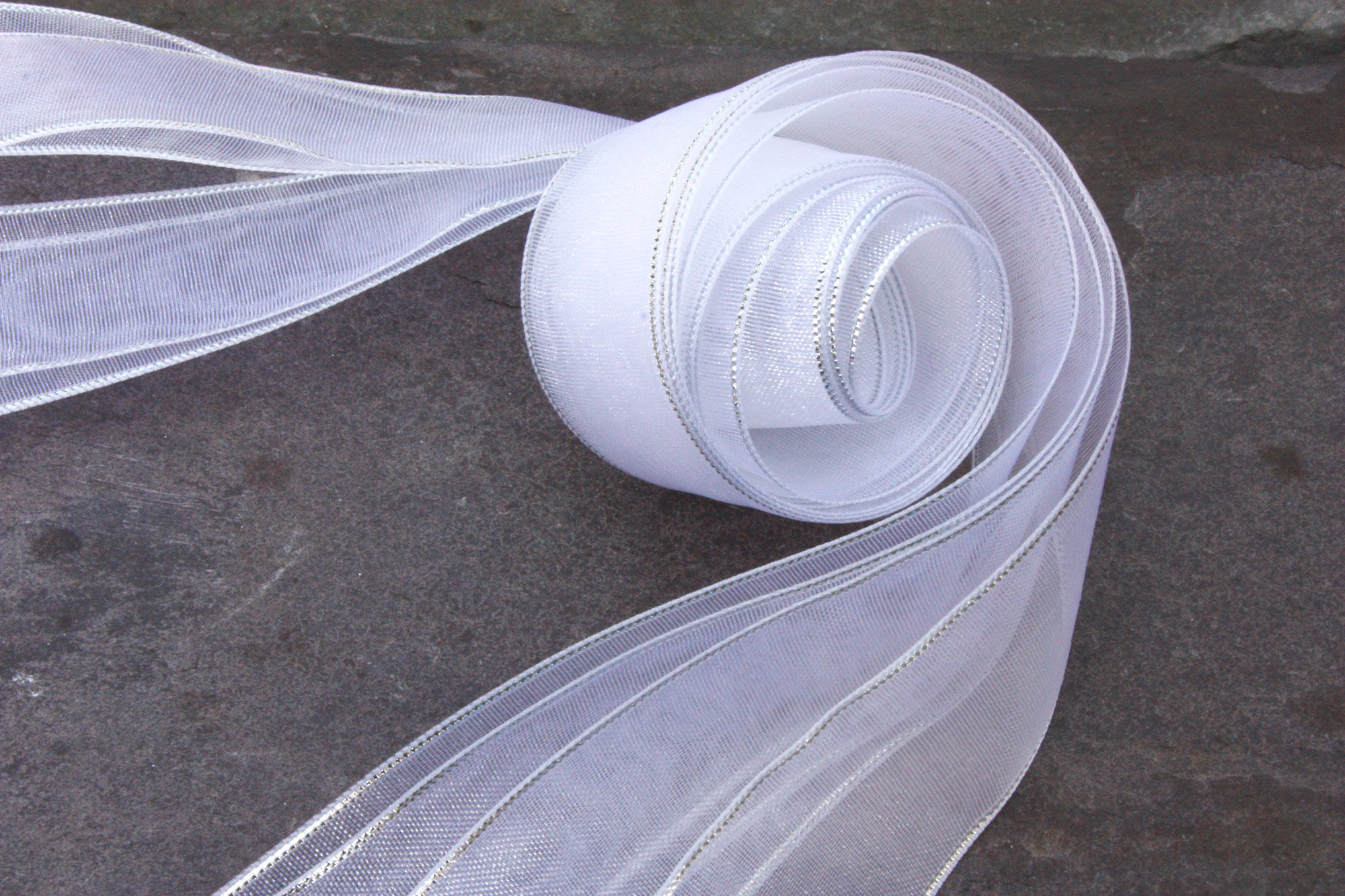 Silver-Edged White Sheer Organza Ribbon (22mm, 38mm, 70mm)