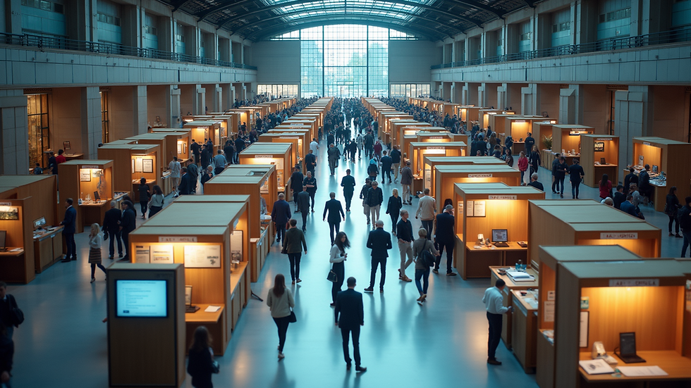 High angle view of a job fair with booths and attendees