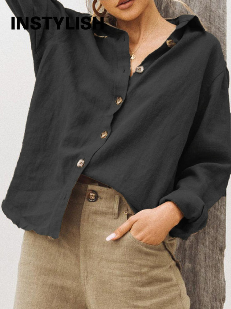 Thumbnail: Casual Long Sleeve Cotton Linen Loose Women's Blouse  Elegant Solid Vintage Hara