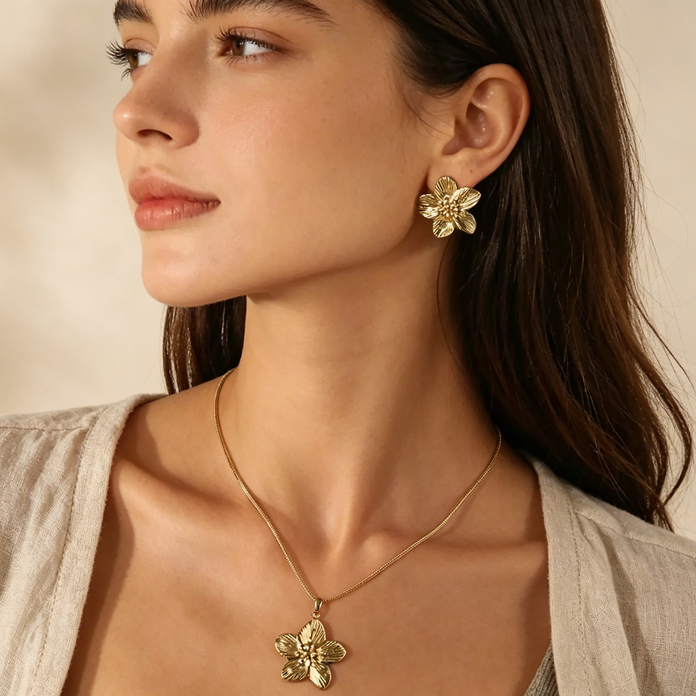 Thumbnail: LUXUKISSKIDS 2PC Women's Fashion Trendy Stainless Steel Flower Earrings Necklace