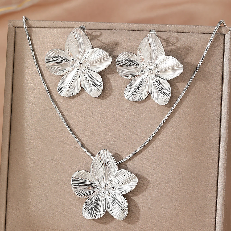 Thumbnail: LUXUKISSKIDS 2PC Women's Fashion Trendy Stainless Steel Flower Earrings Necklace
