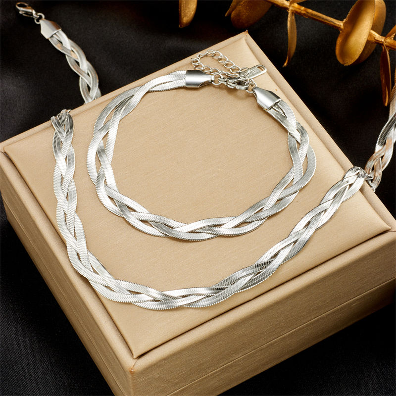 Thumbnail: DIEYURO 316L Stainless Steel 3in1 Crossover Snake Chain Necklace Bracelets For W